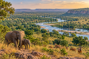 Elephants and antelope overlooking the savanna, river valley and woodlands of Mole National Park in Ghana