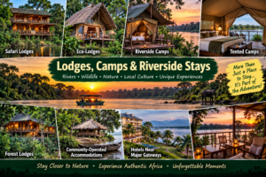 🌊 West & Central Africa River Safaris – Wildlife, Boat Adventures & Scenic Waterways 13 West and Central Africa lodging collage featuring safari lodges, eco-lodges, riverside camps, tented camps, forest lodges, community-operated accommodations, and hotels near major gateways.