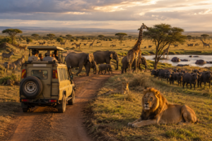 East Africa ground safari with a 4×4 vehicle near lions, elephants, giraffes, zebras, buffalo, hippos, and other wildlife across the savanna.