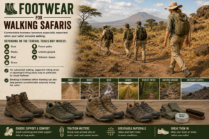 Footwear for East Africa walking safaris featuring supportive hiking boots and trail shoes with travelers hiking across dusty, rocky, muddy, grassy, forest, and volcanic terrain.