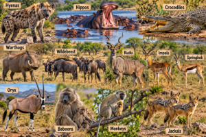African wildlife collage featuring hyenas, hippos, crocodiles, warthogs, wildebeest, kudu, impala, springbok, oryx, baboons, monkeys, and jackals.