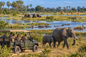 4×4 safari vehicle watching elephants near wetlands with hippos, giraffes, zebras, and birdlife in Botswana.