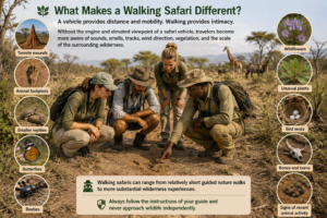 Walking safari guide and travelers examining animal tracks with examples of termite mounds, reptiles, butterflies, beetles, plants, bird nests, bones, and other wildlife signs.