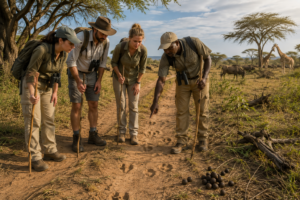 Guided walking safari in East Africa with travelers examining animal tracks and wildlife signs along a savanna trail with giraffes and wildebeest nearby.