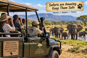 Southern Africa ground safari safety scene with travelers remaining inside a 4×4 vehicle while observing an elephant herd from a safe distance with a professional guide.