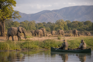 Elephants along the Zambezi River at Mana Pools National Park with travelers observing wildlife from a canoe.
