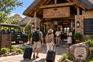 Travelers arriving with luggage at a Southern Africa safari lodge entrance while lodge staff welcome them beside a 4×4 safari vehicle.