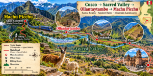 🏔️ Ollantaytambo Ruins & Sacred Valley Adventure Guide 9 Illustrated Sacred Valley map showing the travel route from Cusco through Pisac, Urubamba, and Ollantaytambo to Machu Picchu in Peru
