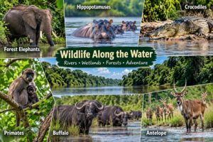 🌊 West & Central Africa River Safaris – Wildlife, Boat Adventures & Scenic Waterways 10 Wildlife along West and Central African waterways featuring forest elephants, hippopotamuses, crocodiles, primates, buffalo, and antelope near rivers, wetlands, and tropical forests.