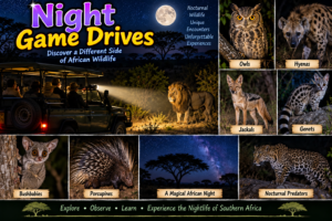 Southern Africa night game drive collage featuring a safari vehicle, lion, owl, hyena, jackal, genet, bushbaby, porcupine, leopard, and star-filled African night sky.