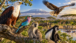 African safari wildlife scene featuring eagles, colorful birds, monkeys, elephants, giraffes, zebras, and hippos near a watering hole.