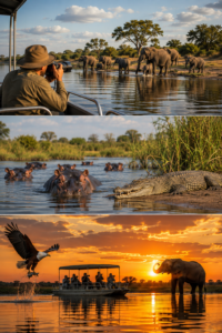 Southern Africa river safari wildlife photography featuring elephants, hippos, crocodiles, an African fish eagle and sunset wildlife viewed from the water.