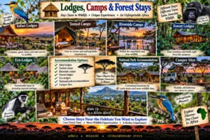 Complete African safari collage featuring ground safaris, river safaris, aerial adventures, camper travel, gorilla trekking, colorful birds, eagles, monkeys, elephants, lions, giraffes, hippos, crocodiles, and other wildlife.