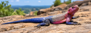 Colorful African agama lizard with a vivid pink head, blue tail, and patterned body resting on a sunlit rocky landscape.