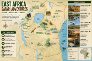 Illustrated East Africa safari map showing Kenya, Tanzania, Uganda, Rwanda, major national parks, wildlife destinations, lakes, mountains, ground safaris, river safaris, aerial adventures, and camper safaris.
