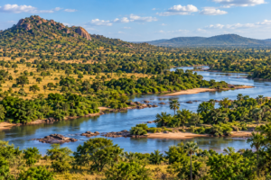 Scenic river, savanna and woodland landscape in Niokolo-Koba National Park, Senegal
