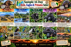 Sample 14-day African birds, eagles, and primates safari collage featuring savanna wildlife, river safaris, fish eagles, kingfishers, chimpanzees, monkeys, gorillas, and scenic safari lodges.