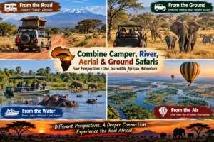 🚐 African Camper Safaris – Epic Road Trips, Wildlife & Camping Adventures 25 African safari collage combining camper, ground, river and aerial adventures with a rooftop 4×4, elephants, giraffes, zebras, hippos, safari boat, wetlands and hot-air balloons.