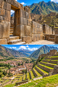 🏔️ Ollantaytambo Ruins & Sacred Valley Adventure Guide 3 Two-image collage of massive Inca stonework and ancient terraces overlooking Ollantaytambo and Peru’s Sacred Valley