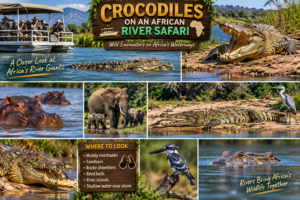 Crocodiles on an African river safari with hippos, elephants, wetland birds, safari boats, and crocodiles resting along riverbanks and swimming in the water.