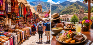 ⛰️ Pisac Ruins, Market & Sacred Valley Adventure 5 Two-image collage showing the colorful Pisac Market filled with Andean textiles, crafts, pottery, and souvenirs alongside a traveler enjoying Peruvian food overlooking Pisac and the surrounding mountains.