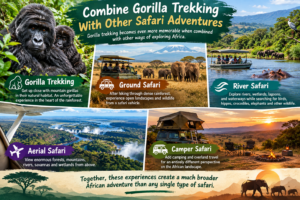 🦍 African Gorilla Trekking & Wildlife Adventures 14 Gorilla trekking combined with ground, river, aerial, and camper safari adventures across Africa, featuring gorillas, giraffes, hippos, scenic waterways, wildlife drives, and overland camping.