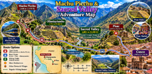 ⛰️ Pisac Ruins, Market & Sacred Valley Adventure 9 Machu Picchu and Sacred Valley adventure map showing Cusco, Pisac, Ollantaytambo, Machu Picchu, the Urubamba River, scenic routes, Inca ruins, and Pisac Market.