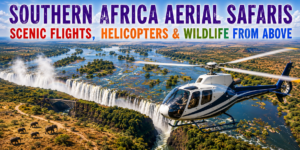Southern Africa Aerial Safaris – Scenic Flights, Helicopters & Wildlife from Above 1 Southern Africa aerial safari featuring a helicopter flying above Victoria Falls, winding waterways, elephants and expansive African wilderness.