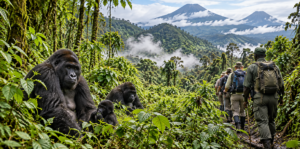🦍 African Gorilla Trekking & Wildlife Adventures 3 Mountain gorillas resting in Uganda’s lush rainforest as hikers and a guide trek toward mist-covered volcanic mountains.