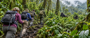 🦍 African Gorilla Trekking & Wildlife Adventures 7 Gorilla trekking group hiking along a muddy rainforest trail with mountain gorillas visible among the dense vegetation.