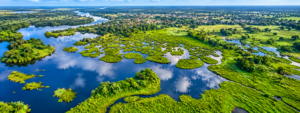 Aerial view of Senegal wetlands, rivers, green islands and savanna landscapes