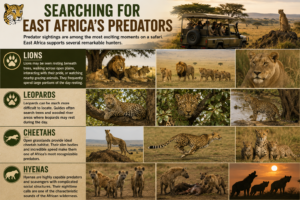 East Africa safari predators featuring lions, leopards, cheetahs, and hyenas in their natural savanna and woodland habitats.
