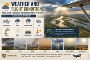 Weather and flight conditions for aerial safaris showing strong winds, rain, thunderstorms, fog, smoke, dust, poor visibility and extreme heat.