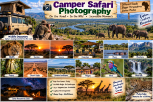 🚐 African Camper Safaris – Epic Road Trips, Wildlife & Camping Adventures 18 African camper safari photography collage featuring a 4×4 rooftop camper, photographer with telephoto lens, elephants, lions, giraffes, birds, rivers, mountains, waterfalls, desert roads, sunsets and camping beneath the stars.