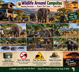 🚐 African Camper Safaris – Epic Road Trips, Wildlife & Camping Adventures 19 Wildlife around African safari campsites collage featuring elephants, monkeys, baboons, antelope, hippos, hyenas and buffalo near tents and a rooftop camper.
