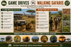 East Africa game drives vs. walking safaris showing a 4×4 safari vehicle with lions, elephants, and giraffes alongside travelers exploring wildlife trails on foot with a guide.