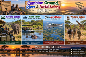 Southern Africa safari collage showing a 4×4 ground safari, river safari with hippos, scenic aerial flight, and guided walking safari with African wildlife.