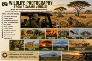 Wildlife photography from an East Africa safari vehicle featuring lions, elephants, giraffes, zebras, wildebeest, birds, hippos, leopards, cheetahs, and Mount Kilimanjaro.