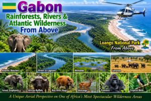 Aerial safari collage of Gabon and Loango National Park with rainforest, rivers, Atlantic beaches and wildlife