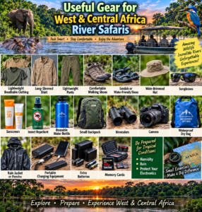 🌊 West & Central Africa River Safaris – Wildlife, Boat Adventures & Scenic Waterways 14 Useful gear for West and Central Africa river safaris featuring lightweight clothing, walking shoes, sandals, sun protection, insect repellent, water bottle, backpack, binoculars, camera, dry bag, rain gear, batteries, memory cards, and portable chargers.