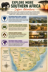 Map of Southern Africa highlighting Botswana, Namibia, Zimbabwe and South Africa with the Chobe River, Okavango Delta, Zambezi River, Victoria Falls and major safari destinations.