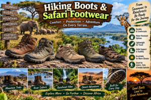 Hiking boots and safari footwear designed for walking across rocky trails, savannas, forests, and other African wildlife environments.