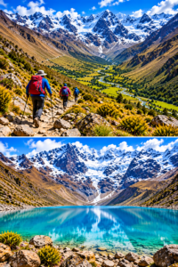 Humantay Lake & Andes Mountain Adventure Guide 4 Humantay and Salkantay Andes scenery with hikers descending a mountain trail above a green valley and turquoise glacial lake surrounded by snow-covered peaks.