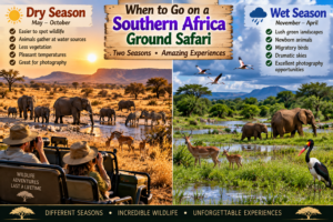 Southern Africa ground safari seasonal comparison showing dry-season wildlife around a waterhole and lush wet-season landscapes with elephants, antelope, newborn animals, and migratory birds.