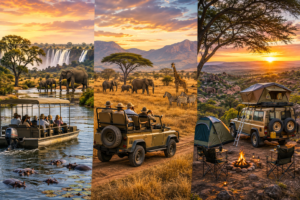 Southern Africa Aerial Safaris – Scenic Flights, Helicopters & Wildlife from Above 26 Southern Africa safari adventures featuring a river boat safari with hippos and elephants, a wildlife game drive with giraffes and zebras, and a camper safari at sunset.