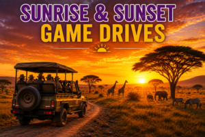 Sunrise and sunset game drive in East Africa with a 4×4 safari vehicle, giraffes, elephants, zebras, acacia trees, and a glowing orange sky.