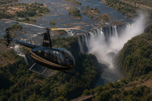 Helicopter flying above Victoria Falls and the Zambezi River during a scenic Southern Africa aerial safari adventure.