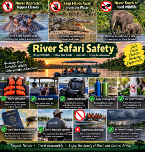 🌊 West & Central Africa River Safaris – Wildlife, Boat Adventures & Scenic Waterways 15 River safari safety collage featuring life jackets, safe wildlife viewing, crocodile and hippo precautions, drinking water, insect protection, reputable guides, boat safety, and changing weather conditions.