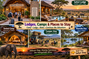 🚐 African Camper Safaris – Epic Road Trips, Wildlife & Camping Adventures 27 African safari accommodation collage featuring travelers walking into a safari hotel, a luxury wildlife lodge, tented camp, rooftop camper campsite and riverside safari stay.