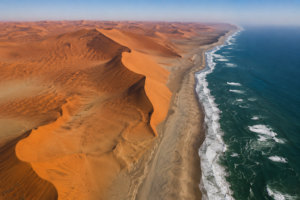 Aerial view of Namibia’s desert coastline showing massive orange Namib Desert dunes meeting the Atlantic Ocean along the remote coast.